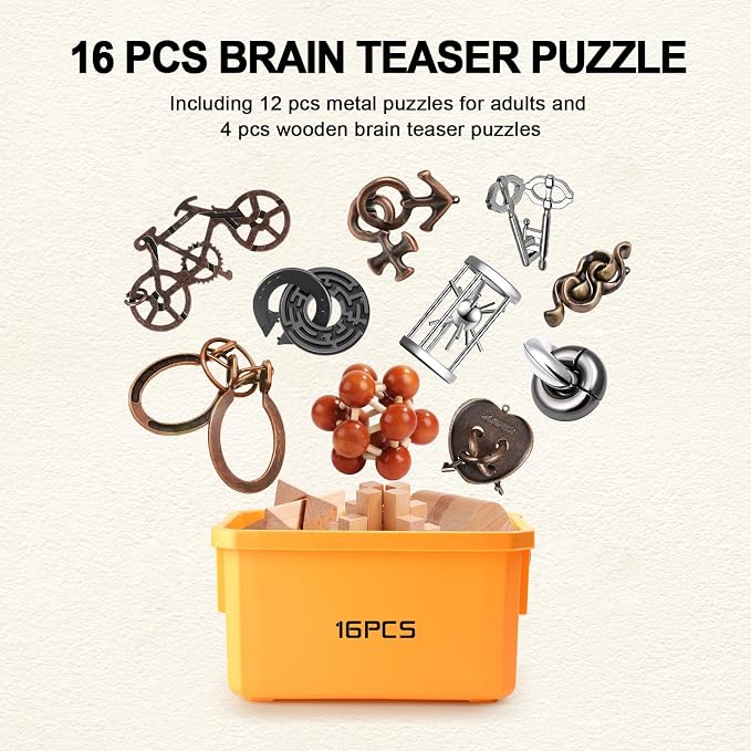Metal Brain Teaser Puzzles Disentanglement Puzzles Metal Wooden Brain Teaser Puzzle 16pcs Logic Metal Puzzle for Adult Kid Toy Lock Puzzles Gift for Adults Teenagers Kids