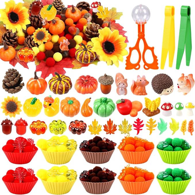 Fall Sensory Bin Fillers-327Pcs Fall Thankgiving Fine Motor Items with Pom Poms Pumpkins Maple Leaves Squirrels Cup for Counting Sorting Training