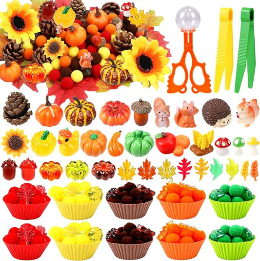 Fall Sensory Bin Fillers-327Pcs Fall Thankgiving Fine Motor Items with Pom Poms Pumpkins Maple Leaves Squirrels Cup for Counting Sorting Training