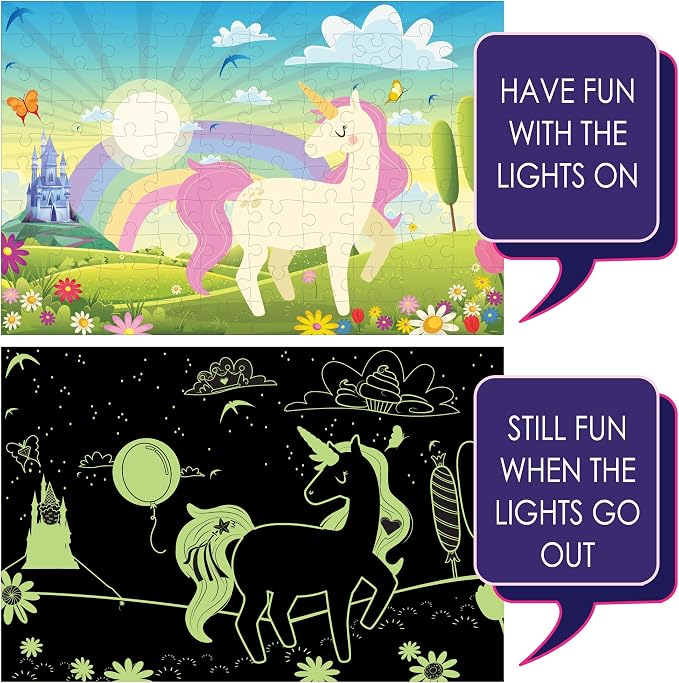 Hapinest 100 Piece Unicorn Puzzle Glow-in-The-Dark Puzzle for Kids Girls & Boys, Birthday Gift w/Bonus Memory Matching Cards & LED Flashlight, Jigsaw Puzzles for Kids Ages 5 6-8 10-12 Years Old and Up