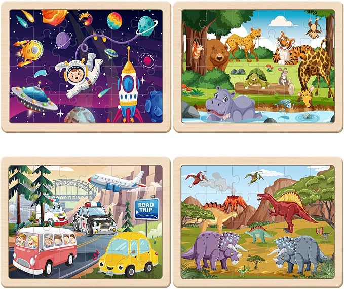 Puzzles for Kids Ages 4-6, 4 Packs 24 Piece Wooden Jigsaw Puzzle for Toddlers 3-5, Preschool Educational Toys Gifts for Boys and Girls