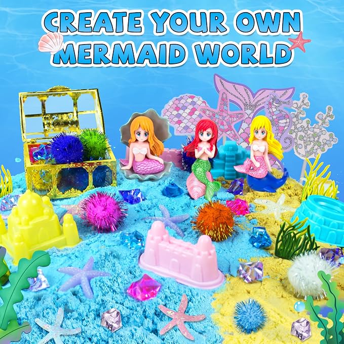 YongnKids Sensory Bin Sandbox Mermaid Toys with Magic Sand for Girls Kids | Play Sand Toy Sensory Bin Pretend Play Beach Toy with Sand & Castle Mold,Great Christmas Birthday Gift for Girl Boys Age 3+
