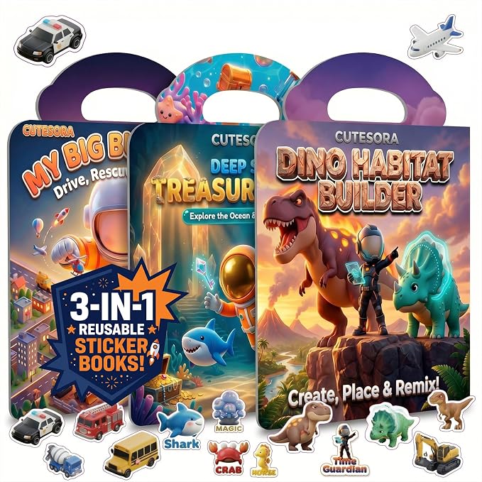 Large Reusable Jelly Sticker Books for Boys 4-8, Kids 3-6, 3 Sets | 3D Puffy Stickers | Sticker Activity Toy | Quiet Travel Toys | Screen-Free Play | Boys Gift Ages 3-8