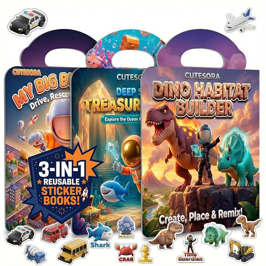 Large Reusable Jelly Sticker Books for Boys 4-8, Kids 3-6, 3 Sets | 3D Puffy Stickers | Sticker Activity Toy | Quiet Travel Toys | Screen-Free Play | Boys Gift Ages 3-8