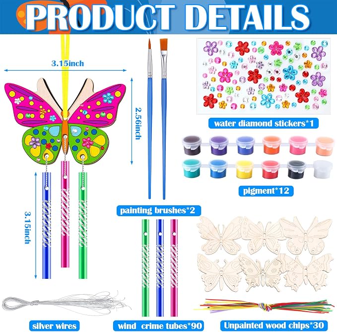 JellyArch 30 Pack Butterfly Wind Chime Kit, DIY Wooden Craft Paints | Includes Colorful Bells Tubes Stickers Brushes, Spring Butterfly Crafts Activity for Adults Birthday Party Decoration