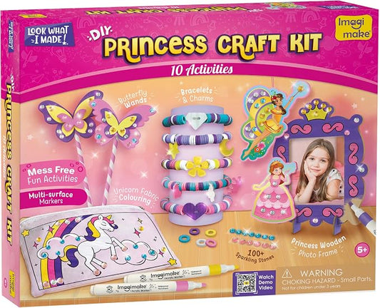 Imagimake Princess Craft Kit, 10 Mess-Free Creative Activities for Girls | Make Charm Bracelets, Butterfly Wands, Photo Frames, Unicorn Pouch, Birthday Gift for Girls Ages 5,6,7,8,9,10,11,12 Years Old