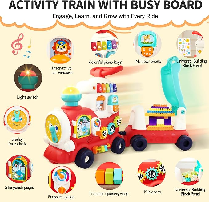 Ride On Train Toy for Toddlers 1-3, 4-in-1 Push and Pull Baby Walker Car | Push, Pull, Sit-to-Stand Walker, Walking Car Toy for Baby 1 Year Old, Indoor Outdoor Toddler Activity Toy