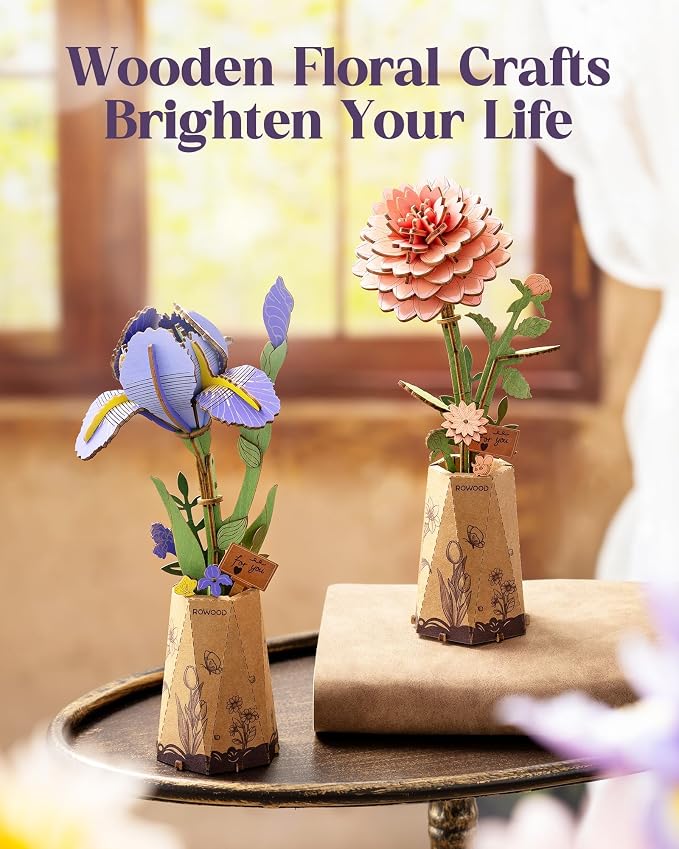 Rowood 3D Puzzles for Adults,DIY Mother's Day Wooden Flower Building Set Craft Kits, Botannical Collection Home Decor,Christmas/Birthday/Valentine's Day Gift- Purple Iris