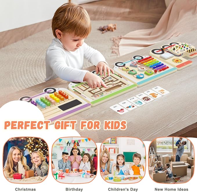 Montessori Sensory Board - Electric Train Wooden Wall Busy Board, Toddler Learning Panel Wall-Mounted, Interactive Playroom Activity Gifts for Kid, Educational Toys for 3-6 Years (Colorful Train)
