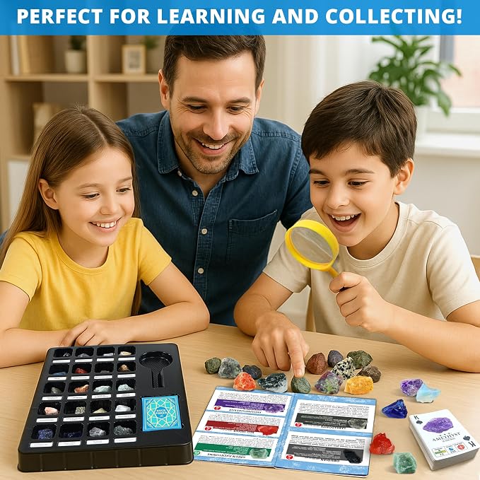 PIBEX Rock Collection Jumbo Kit, 20 Large Raw Rocks & Minerals | Approx. 1.5-2 inch Stone, Collector Box with Name Labels, Magnifier, Game Cards, Learning Book, Geology Gift for Kids Ages 6+