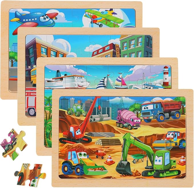 Puzzles for Kids Ages 4-6, 4-Pack 24-Piece Wooden Kids Puzzles | Construction Vehicle Themes | Educational Puzzles for Kids Ages 3-5, Age-Appropriate Learning Toys, Ages 3+