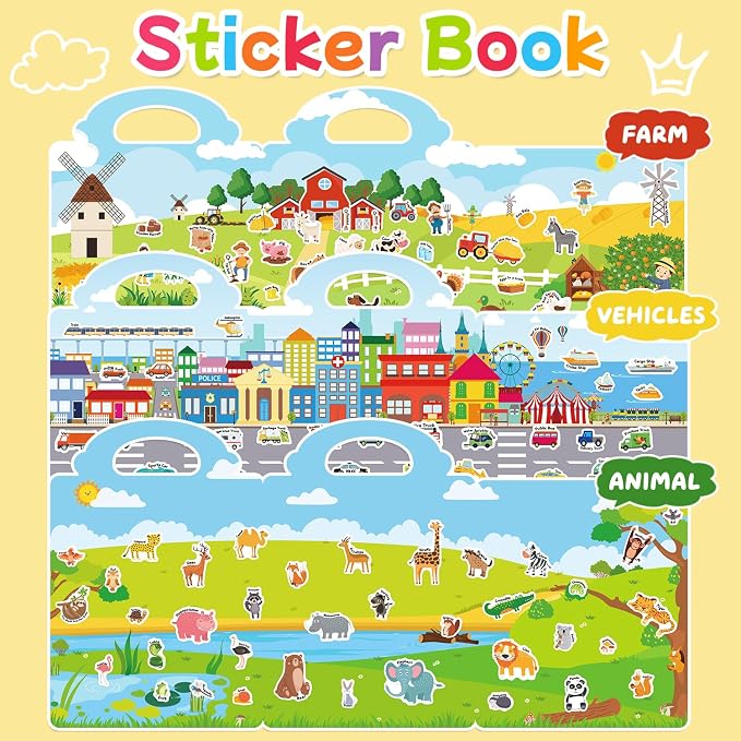 3 Sets Reusable Sticker Book for Toddlers 3-6, Jelly Sticker Books for Toddler, Travel Sticker Activity Toys for Kids 3 4 5 6 Years Old Girls & Boys（Farm + Vehicles + Animal）