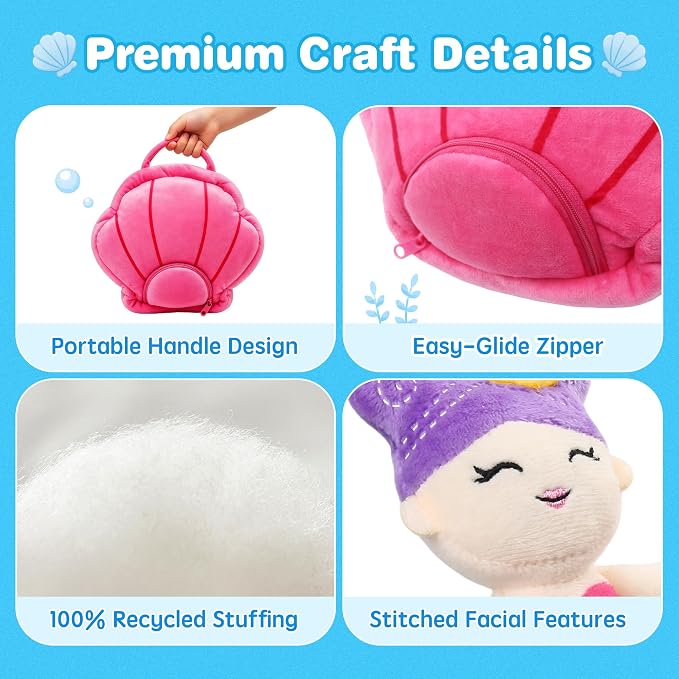 BenBen 5-Pack Ocean Stuffed Animal Set with Shell Carrying Bag | Sea Creature Stuffed Animals for Girls & Toddler, Plush Toys with Turtle, Octopus, Mermaid, Seahorse, Crab, Baby Shower