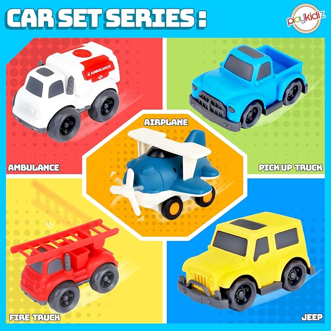 5 Pack Toddler Car Toys Playset - Toy Cars, Including Airplane, Fire Truck, Ambulance, Pick Up Truck and Jeep, Ideal Car Set Gift for Ages 3-5 (Colors May Vary)