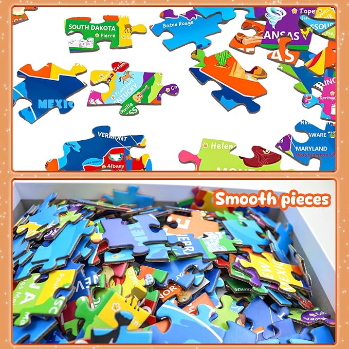 Puzzles for Kids Ages 6-8 8-10 - 200 Piece United States & USA Puzzle | Educational USA Learning Toys.Colorful Children Puzzles for 6 7 8 9 10 11 12 Years Old Boys and Girls.Holiday Gifts