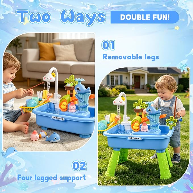 Upgraded 4-in-1 Sand Water Table for Toddlers 1-3, Kids Sensory Table with Electric Water Pump & Cloud Faucet, Play Kitchen Sink with Food Accessories, Fishing Toy ‒ Adjustable Height (Blue)