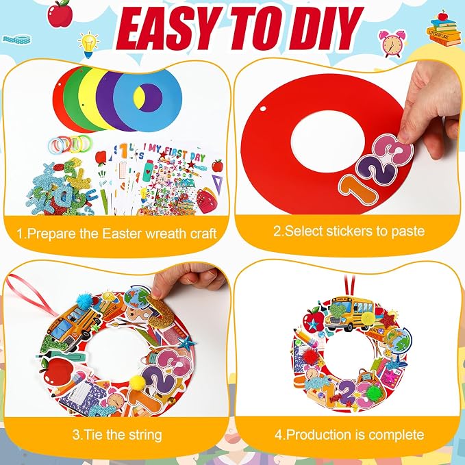 Hollowfly 48 Sets Back to School Crafts Kits, DIY Wreath with Stickers | School Themed Hanging Decor for Kids Classroom, Foam Stickers Included, First Day Party Favors Make Your Own Activities