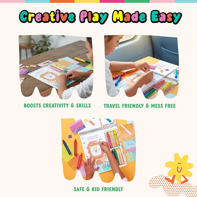 Bright Stripes Art on the Go Collage Fun Jungle Theme Travel Kit, Ages 3+ | Mess-free tear-and-paste play with crayons, stickers, picture book, portable design fits toddlers and preschool age well