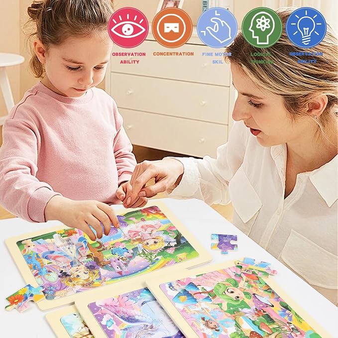 Wooden Princess Puzzles for Kids Age 3 4 5 Year Old, 4 Pack 24 Pcs Montessori Toddler Jigsaw Puzzles for Girl boy Activities Preschool Learning Educational Birthday Gift Travel Autistic Wooden Toys