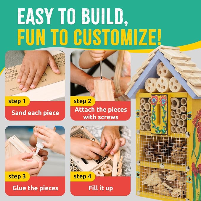 Premium Bug Hotel Kit for Kids, Easy Wood Bug House Kits | Bug House for Kids with Tools, Paints & Glue, Insect Hotel Kit, Fun Wood Building Kits, Birthday Gifts for Girls and Boys