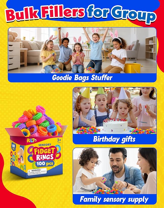 KLT Fidget Toys Bulk for Kids: 100pcs Textured Fidget Ring - Classroom Prize Box Quiet - Party Favors Gift Bags Stuffers - Sensory Bin Filler for ADHD Autism Kids Stress Relief (Pack of 2)
