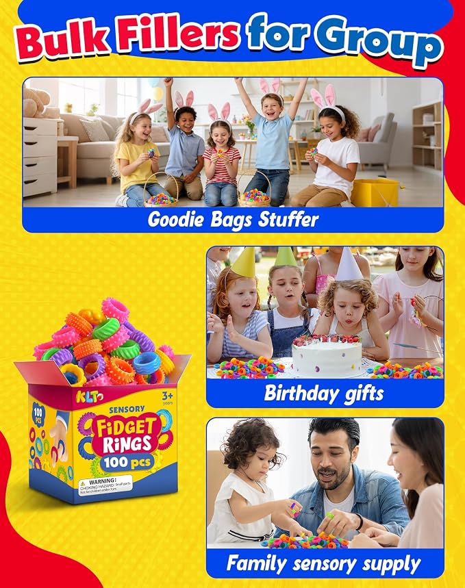 KLT Fidget Toys Bulk for Kids: 100pcs Textured Fidget Ring - Classroom Prize Box Quiet - Party Favors Gift Bags Stuffers - Sensory Bin Filler for ADHD Autism Kids Stress Relief
