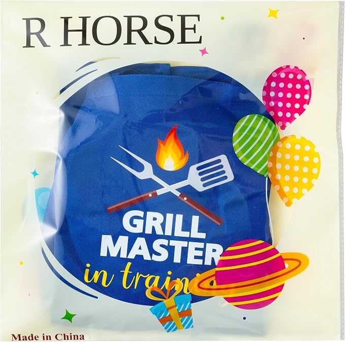 R HORSE 2 Pieces Kid Apron and Chef Hat Set, Children Role Play Chef Toy | Dark Blue Adjustable Kitchen Apron for Kid Boy, Ideal for Cooking, Baking, Painting, Training, Cooking Birthday Gift