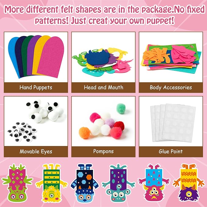 WATINC Hand Puppet Making Kit, Felt Sock Puppet Toys for Kids (Monster B) | 6 Styles, Make Your Own Storytelling & Role Play Crafts, Creative Group Activity, Party Favors & Gifts for Kids Ages 4-8