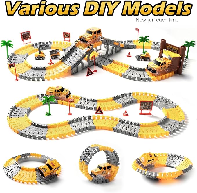 264 PCS Construction Race Tracks for Kids Toys, Flexible DIY Track Set | Glow in The Dark Magic Toy Set, 2 Light Up Cars Track, 3 Construction Cars, Birthday Gift for Age 3-9 Boys Toddler Girls