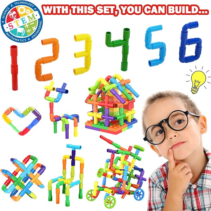 250 Pcs Tubular Pipes & Spout STEAM Interlocking Educational Building Blocks Set, Kids Tube Locks Construction Set with Storage Box, Idea Book, Preschool Educational Toy Gift for Toddlers Age 3+