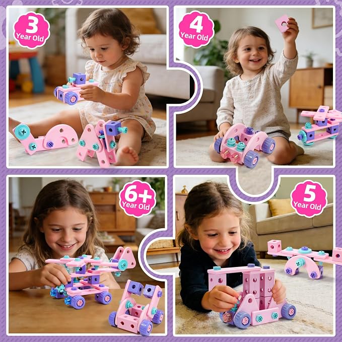 VEAIS Pink Kids Tool Set for Girls,Tool Set with Drill &Toolbox,STEM Montessori Toys for 3 4 5 Year Old,Pretend Play Kid Toy,Educational Construction Toy for 3-6 Year Old Girl,Birthday Gift for Kids