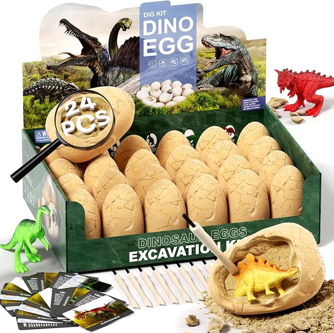 24 Dinosaur Eggs Dig Kit Toys for Kids, Excavation Kit with Magnifier | Easter Basket Stuffers, Science STEM Birthday Party Favors, Gifts for Boys Girls Age 3 4 5 6 7 8 9 10 + Years Old