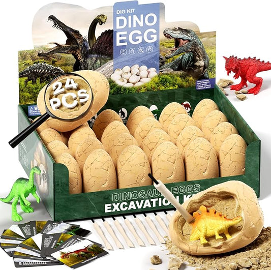 24 Dinosaur Eggs Dig Kit Toys for Kids, Excavation Kit with Magnifier | Easter Basket Stuffers, Science STEM Birthday Party Favors, Gifts for Boys Girls Age 3 4 5 6 7 8 9 10 + Years Old