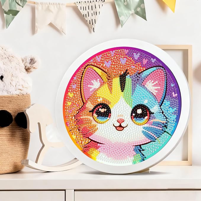 Gemozaic Cat Diamond Art Kits for Kids Ages 4-8-12, Round Frame, 8 x 8 in | Cute Cat Diamond Art for Kids 6 10 12 Year Old, DIY Easy Kid Big Gem Painting, Animal Arts and Crafts for Girl Birthday Gift