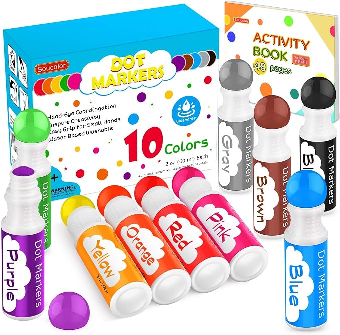 Soucolor Washable Dot Markers,10 Vibrant Colors 48 Pages Activity Book | Dot Markers 2 oz Bingo Daubers Paint Markers Set,Tearable Activity Book,Toddlers Kids Preschool Arts and Crafts Kits Supplies
