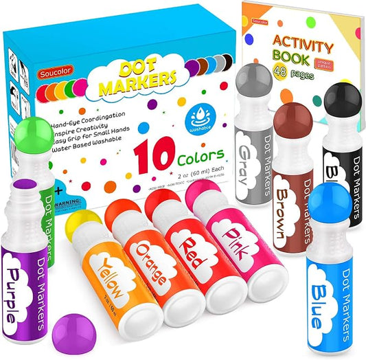 Soucolor Washable Dot Markers,10 Vibrant Colors 48 Pages Activity Book | Dot Markers 2 oz Bingo Daubers Paint Markers Set,Tearable Activity Book,Toddlers Kids Preschool Arts and Crafts Kits Supplies