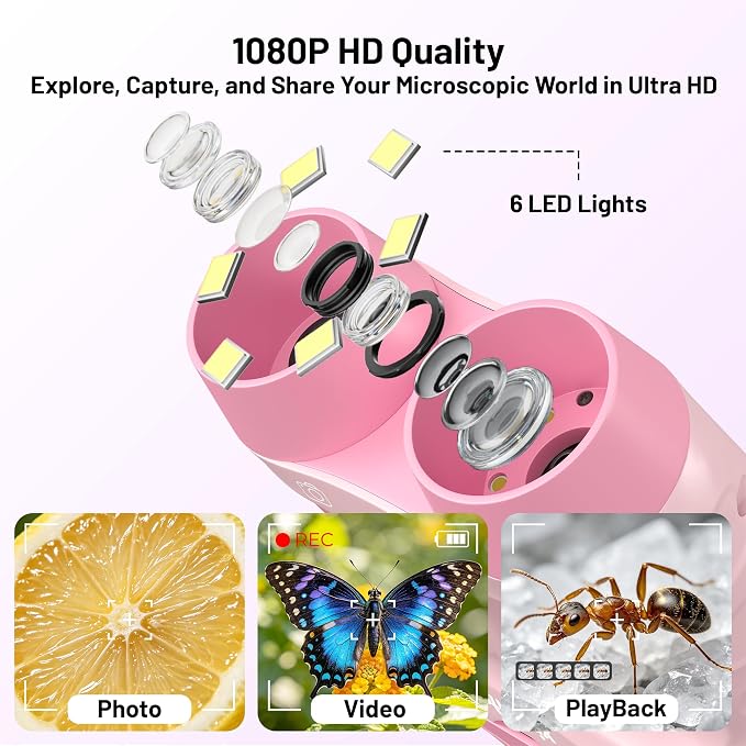 1000X Microscope for Kids, 2.0" Screen STEM Toys with 32GB Card | 1000X Magnification, 2.0" screen, Rechargeable 3-in-1 Kids Microscope with 32GB Card, Portable STEM Educational Science Toy