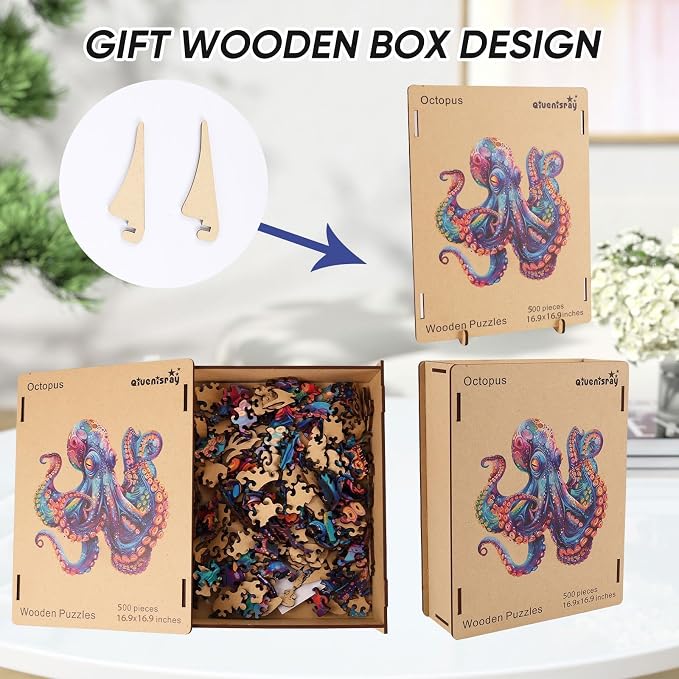 Qiuenisray 500 Piece Puzzles for Adults, Wooden Octopus Jigsaw Puzzles | FSC Certified Cool Puzzles, Unique Shape Ocean Puzzle Piece, Wall Decor, Wood Creative Gift for Family Game 16.9x16.9 in
