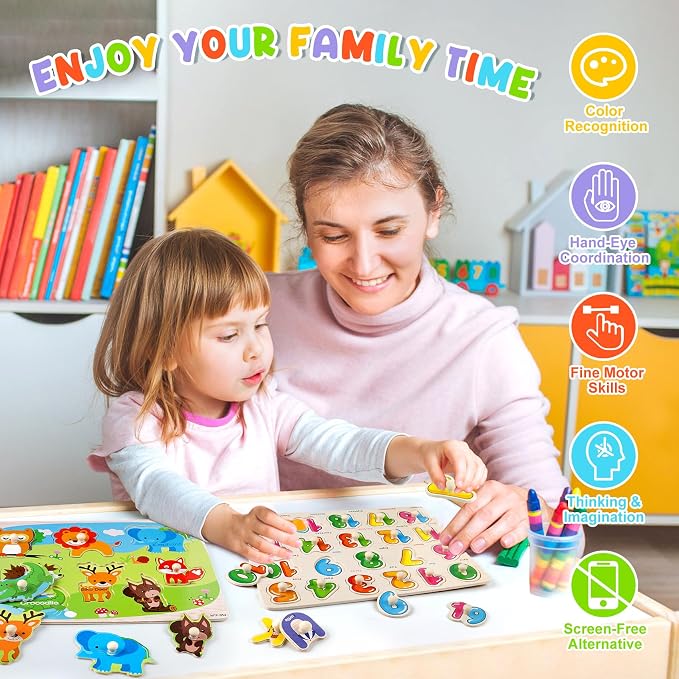 Attmu Alphabet Wooden Puzzles for Toddlers 6 Pcs ABC Shape Number Puzzle | Learning Toys for Kids Animal Farm Puzzle Preschool Educational Activities Toddler Gift Toys for Girls Boys Christmas Easter