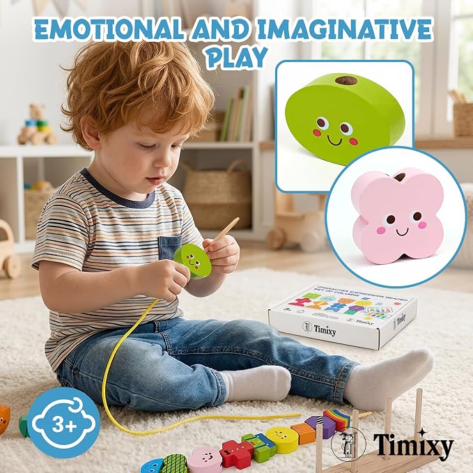 Montessori Wooden Stacking Lacing Beads Toy, STEM Sequencing Ages 3+