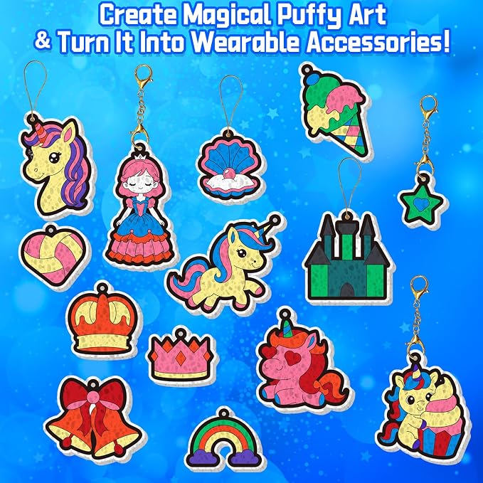 SOOVSY Magic Puffs 3D Art Kit for Kids, Water Activated Puffy Art Craft Kit with Princess Unicorn Designs, DIY Color & Inflate Activity, Screen-Free Travel & Rainy Day Toy for Girls Boys Ages 4-8