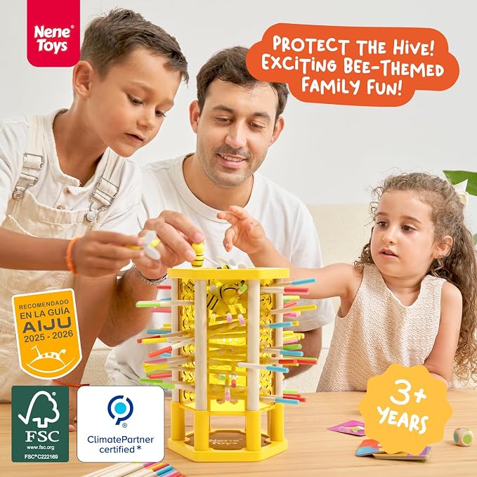 Nene Toys BeeFall Jumbo, 4-in-1 Wooden Honey Bee Toy for Kids Ages 3-9 - Educational Game with Wooden Honeybee Hive, 12 Bees, Colorful Sticks, Dice & Cards - Fun Family Game for Cognitive Development