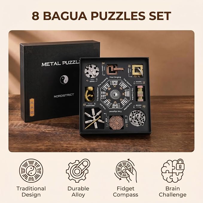 Bagua Metal Puzzles Set with Feng Shui Compass, 8+1 Alloy Brain Teasers, Traditional Chinese Intellectual Puzzle Toys for Adults, Stress Relief Fidget Desk Toy & Gift for Puzzle Lovers
