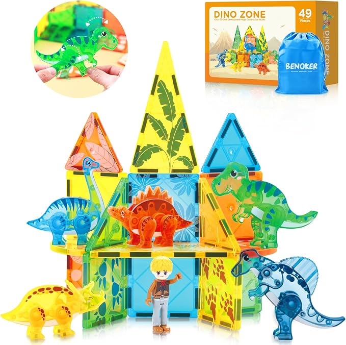 BENOKER Dinosaur Magnetic Tiles, Animals Magnet Building Blocks Toys Gift | 49P Dinosaur magnetic tiles to build vivid dino world scenes. Educational STEM playset, wonderful birthday gift for kids