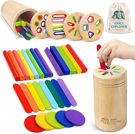 Toddler Montessori Toys, Wooden Color Sorting, Fine Motor Toys for Toddlers | 4 Interchangeable Lids, Stays Locked When Turned, Travel-friendly, Independent Play, Motor Skills Through Play