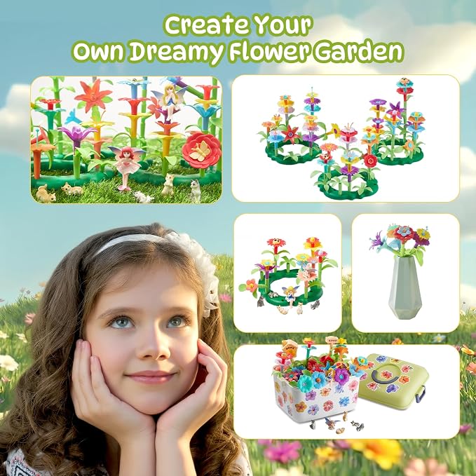 194 Pcs Flower Garden Building Toys, STEM Educational Block Set for Toddlers Ages 3-5, Non-Toxic Stacking Playset with Big Storage Box, Birthday for Preschool Kids