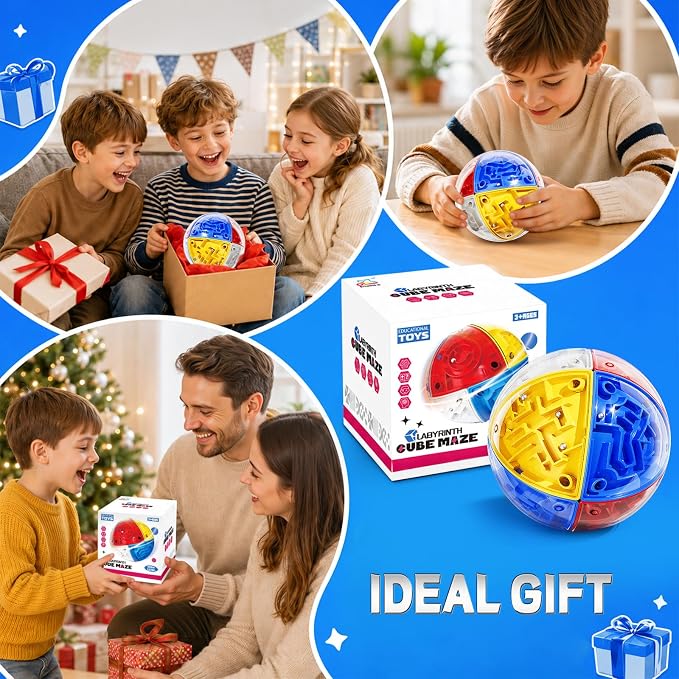 3D Maze Cube Ball Puzzle Brain Teaser for Adults & Kids, Educational Learning Toys Logical Thinking, Family Board Games Tabletop, Durable Puzzle Cube (White&Blue&Red&Yelllow-D, 3.3x3.3x3.3)