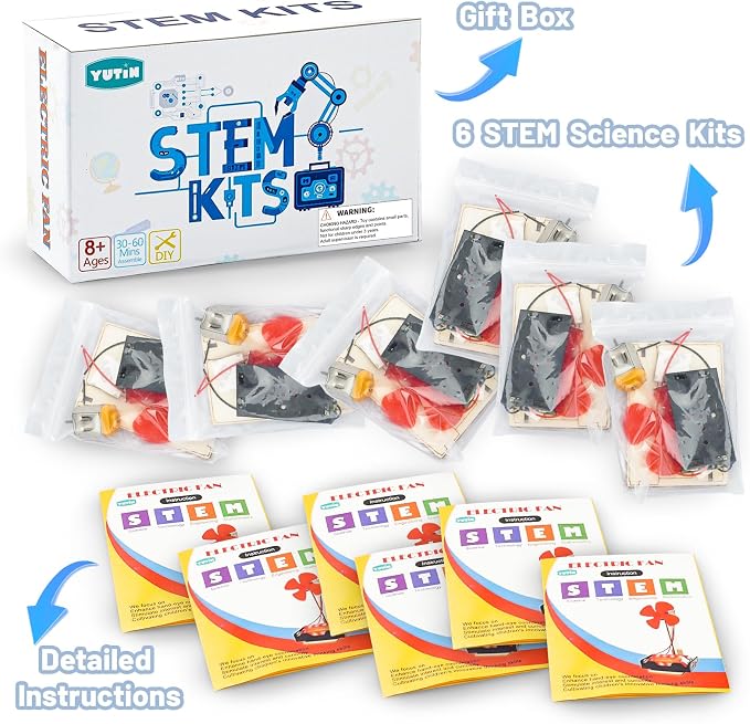 6 STEM Science Kits for Kids Age 8-12, Classroom Electric Fan Circuit Kit | Science Party Favors Bulk, Building Toys for 6-8 8-13 Year Girls Boys Gifts, Wood Crafts Experiments Activities Projects