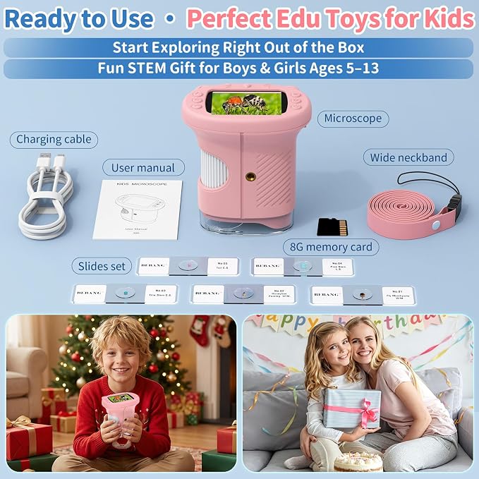 Kids Handheld Digital Microscope 1000X: Science Gift Kit STEM Toy Ages 5-13 | 8GB SD Card for Photo/video, Rechargeable, 2.4" Screen, 8 LEDs, Portable Magnifying Glass Pocket Miniscope for Girls Boys