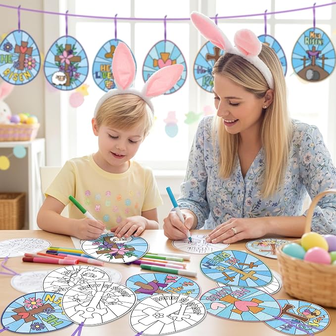 ANGOLIO Easter Color Your Own Egg Ornaments Kit for Kids 83Pcs Christian Religious DIY Coloring Craft Kit Cross He is Risen Jesus is Alike Card Sunday School Classroom Church Party Art Craft Project